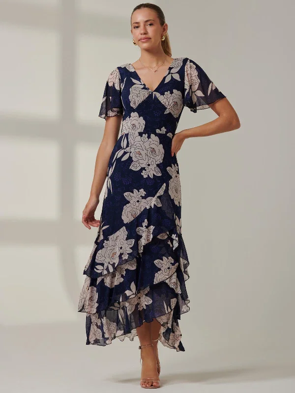 Floral Printed Tiered Maxi Dress, Navy Floral