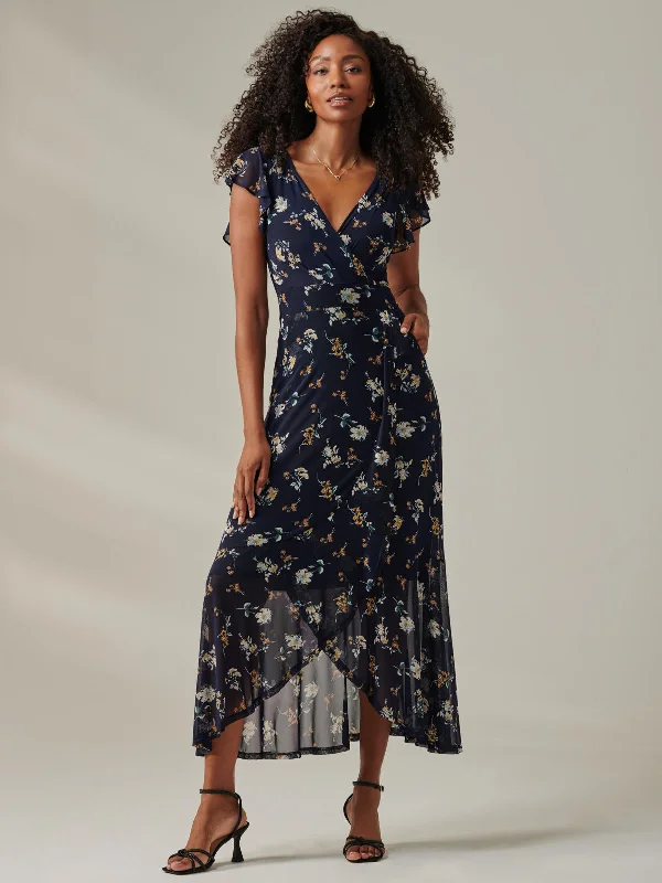 Heleyna Ruffle Hem Mesh Maxi Dress, Navy Floral