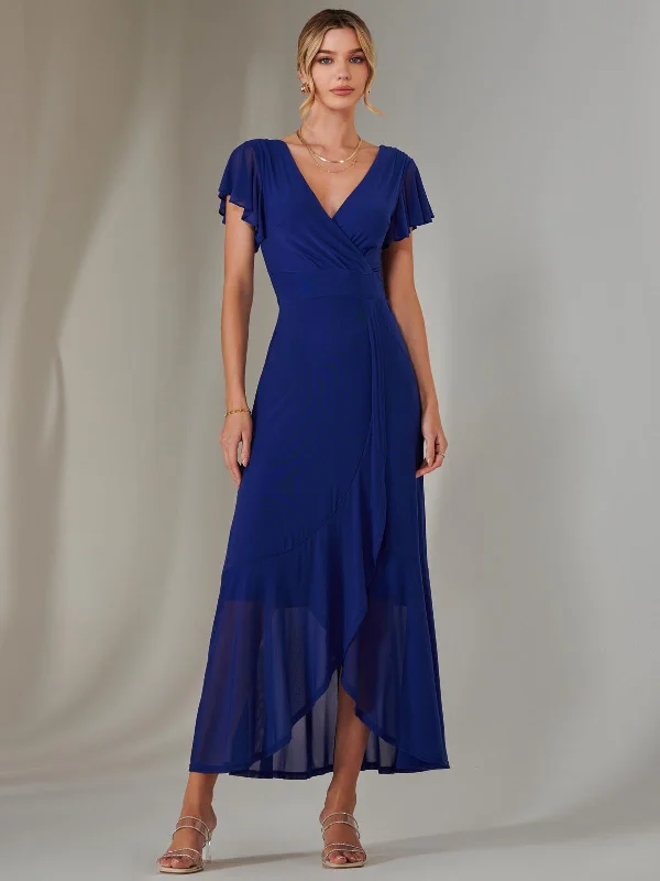 Plain Wrap Mesh Maxi Dress, Navy